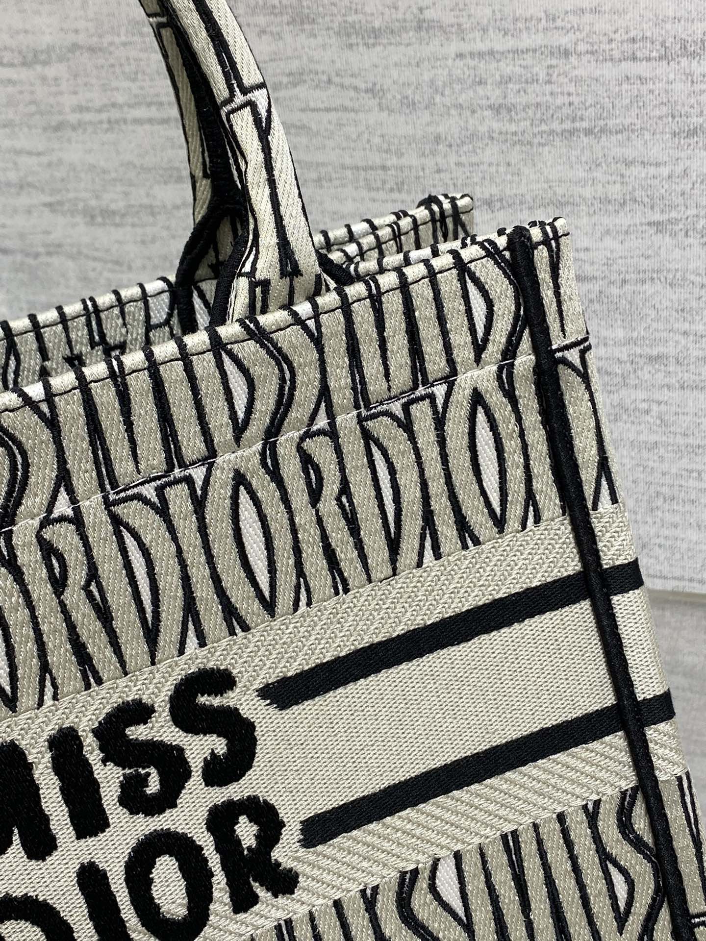 Small Dior Book Tote Bag Black and White Miss Dior Allover Embroidery